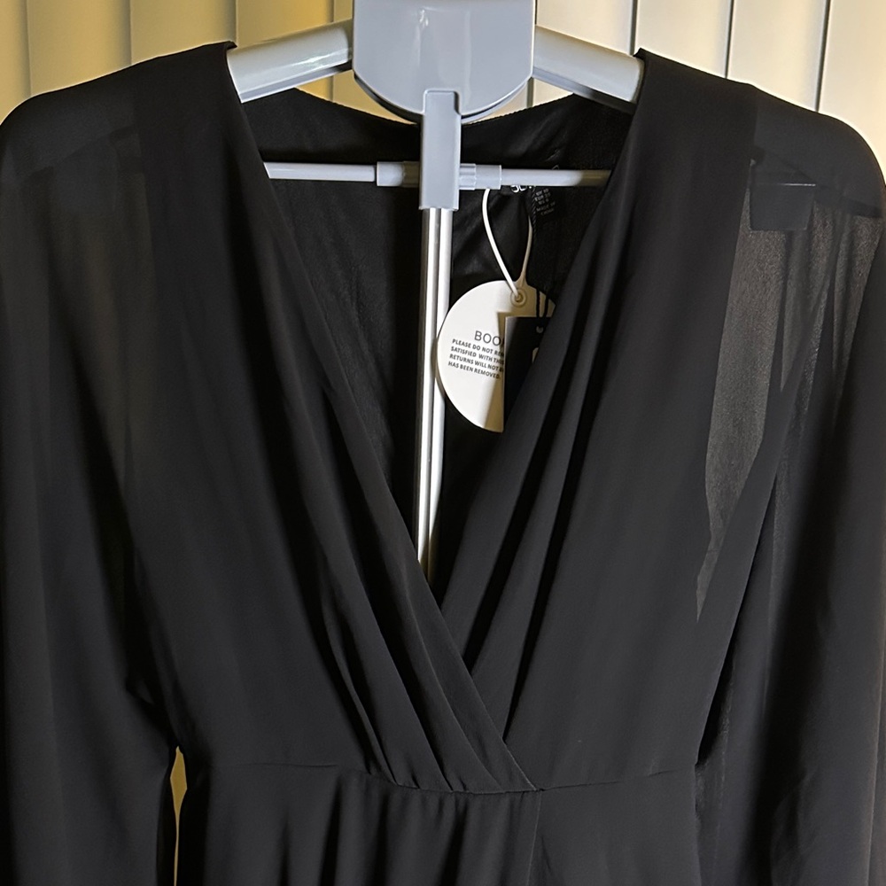 NEW Boohoo Chiffon Black Wrap Cape Sleeve Maxi Dress - Picture 6 of 14